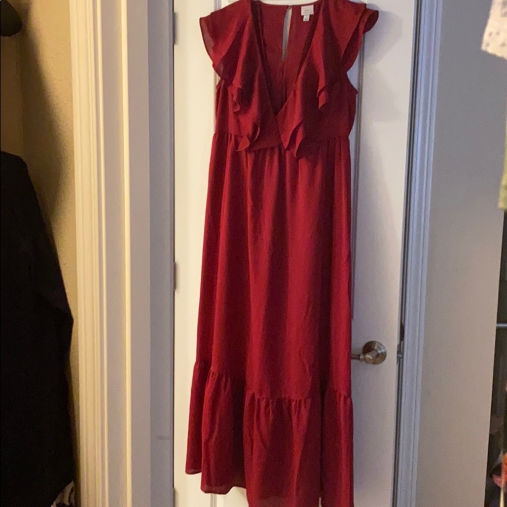 AND red v neck ruffled maxi